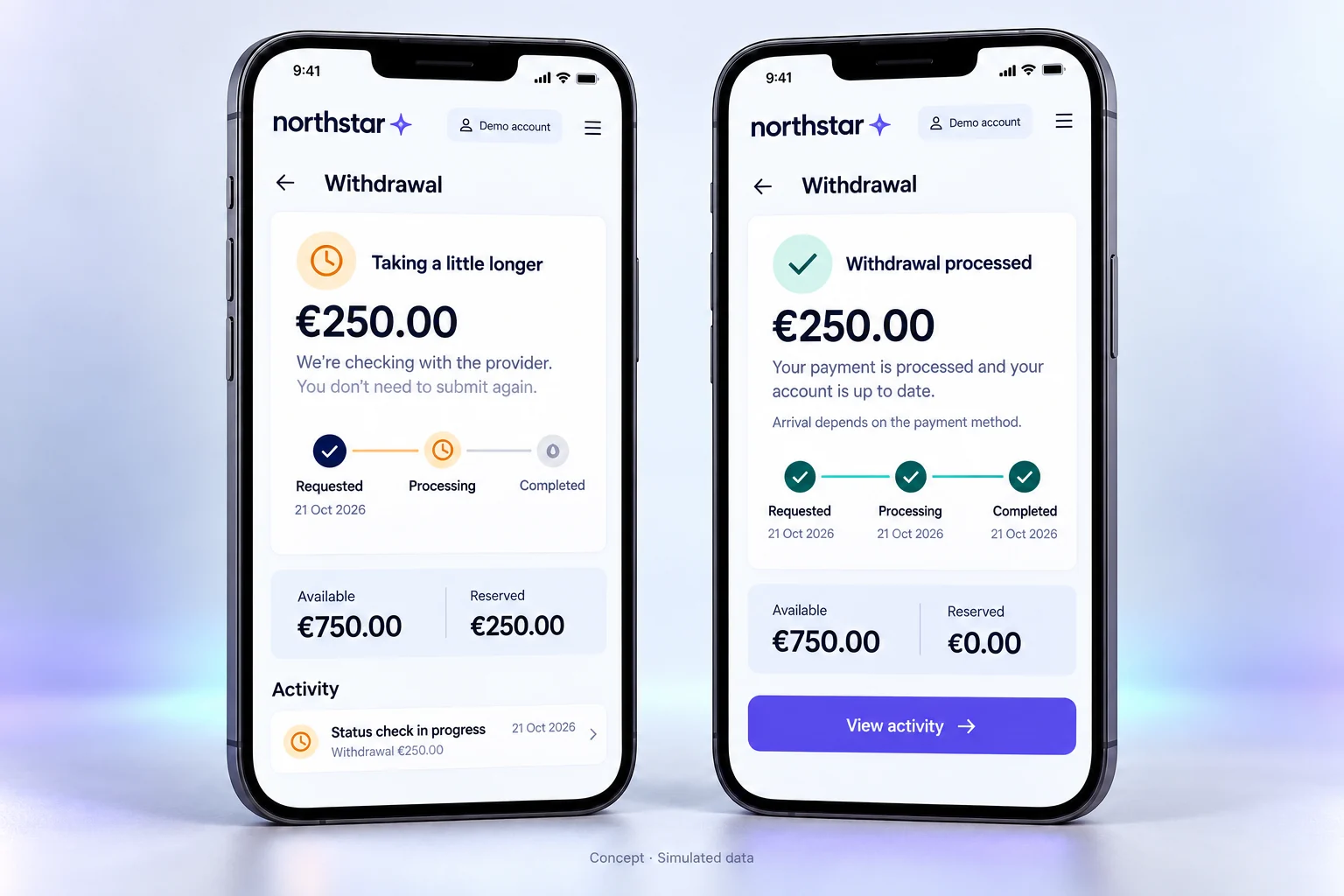 Mobile withdrawal concept with a clear pending status and customer account amounts